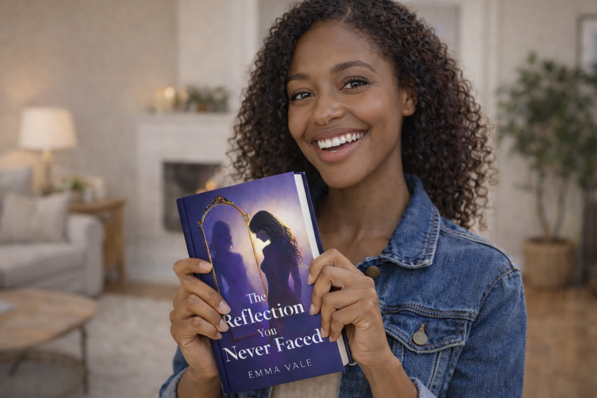 Female model number two happy, holding a book The Reflection You Never Faced by Emma Vale