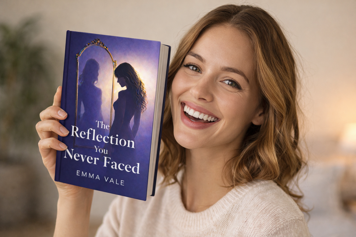 Female model number one happy, holding a book The Reflection You Never Faced by Emma Vale